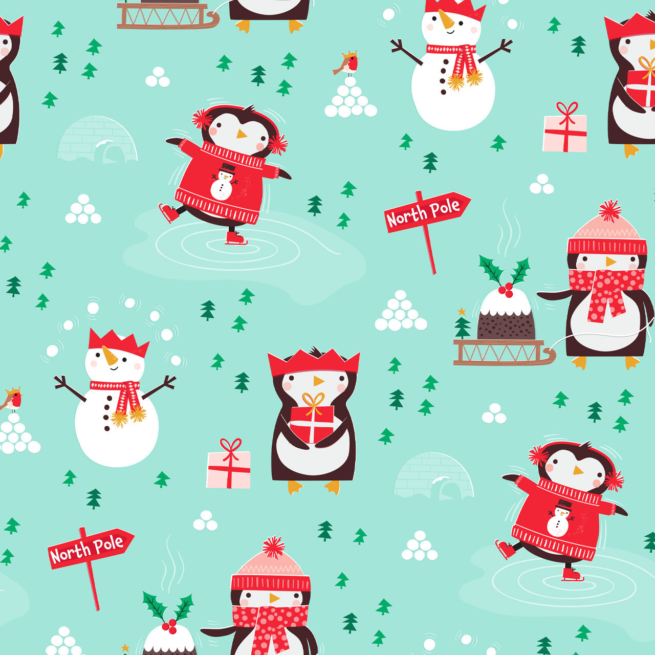 COSY CHRISTMAS | Skating Penguins Light Blue